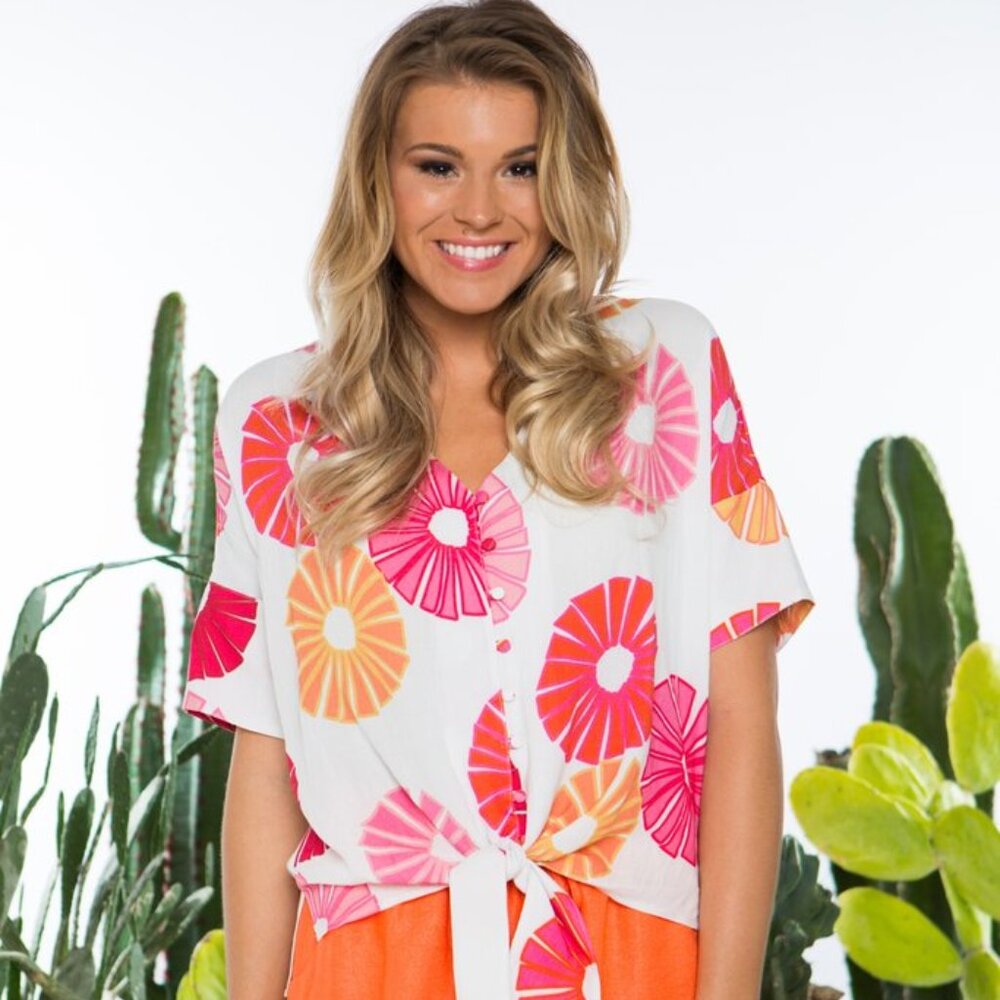 CROSBY by Mollie Burch Floral Tie-Front Blouse - Pink, Orange, White NEW